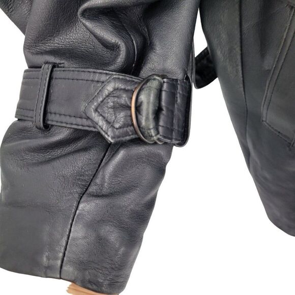 Vintage 80s Leather Flight Jacket M Black Long Belted Hidden Zip Biker Moto - Picture 11 of 16